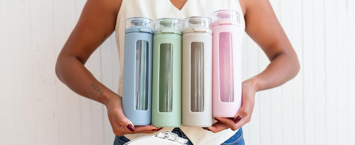 ello syndicate 20oz glass reusable water bottle with carry loop and silicone sleeve