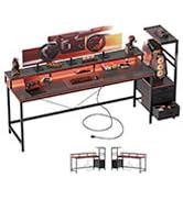 Mericonia Gaming Desk with Power Outlets & LED Lights, Reversible Computer Desk with PC Case Stan...