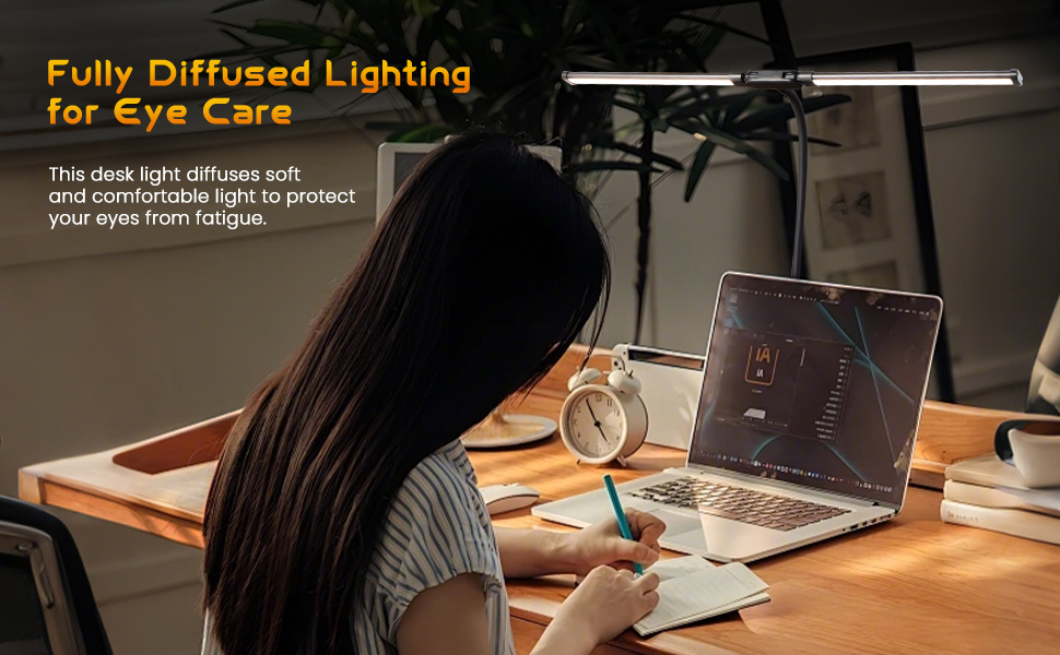 Text reads 'Fully Diffused Lighting for Eye Care'. Desktop workspace setup showing diffused lighting demonstration with desk lamp illuminating work surface.