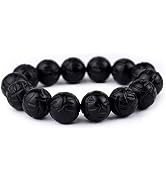 vv8oo Bracelet Natural Bian Stone Black Beads Round Stretch Elastic Hand String for Women Men