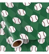 RUSPEPA Baseball Wrapping Paper Roll for Boys, Mini Roll, Classic White Baseballs Design, Green S...