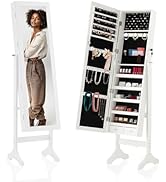 DUMOS 6 LEDs Mirror Jewelry Cabinet, Wall or Door Mounted Jewelry Organizer, 47.2-Inch Tall Locka...