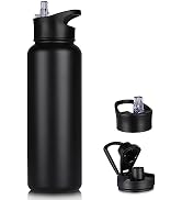 VQRRCKI 40 oz Insulated Water Bottle with Straw, Stainless Steel Sports Water Bottles with 2 Lids...