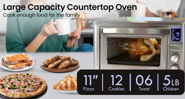 Kenmore toaster oven with a rotisserie chicken inside and plates of food around it