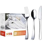 N9R 200PCS Silver Plastic Silverware - Disposable Silver Plastic Silverware Cutlery Set, 100 Fork...