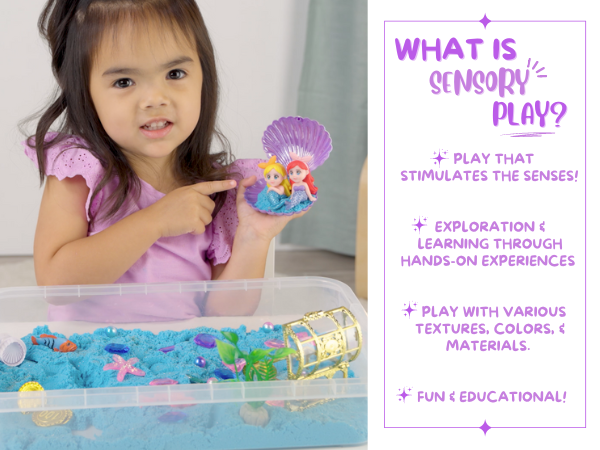 girl playing with mermaid sensory bin and graphic explaing what sensory play is
