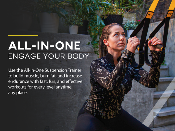 A person using at-home workout equipment outdoors. Text reads: All-in-One Suspension Trainer.