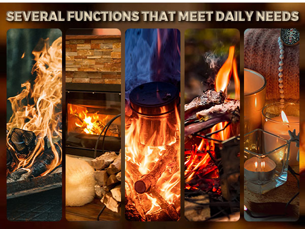Collage of five images showing various fire and light sources: campfire, lantern, candles, and fireplace. Text indicates multiple functions for daily needs.