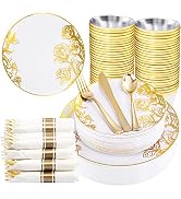DaYammi 210Pcs Gold Plastic Plates,White Gold Floral Disposable Dinnerware Included 30 Dinner Pla...