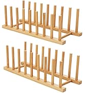HBlife 2pcs Bamboo Dish Plate Bowl Cup Book Pot Lid Cutting Board Drying Rack Stand Drainer Stora...