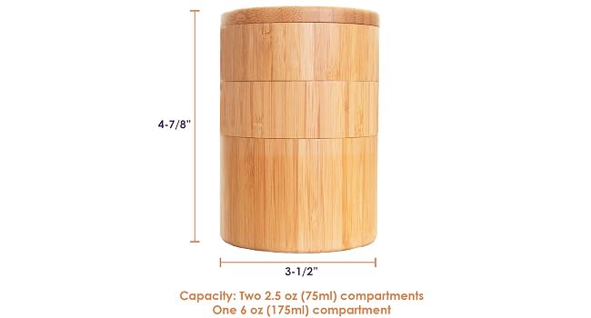 The dimensions of the Triple Bamboo Salt Box with Magnetic Swivel Lid.