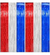 PatiCool Tinsel Foil Fringe Curtain Backdrop - Thicken 2 Pack 3.2 x 8.2 FT - Red White and Blue S...