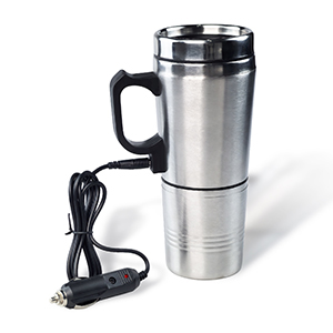Stainless steel travel mug with handle and cord, suggesting electric heating capability. Sleek design for portable hot beverage consumption.