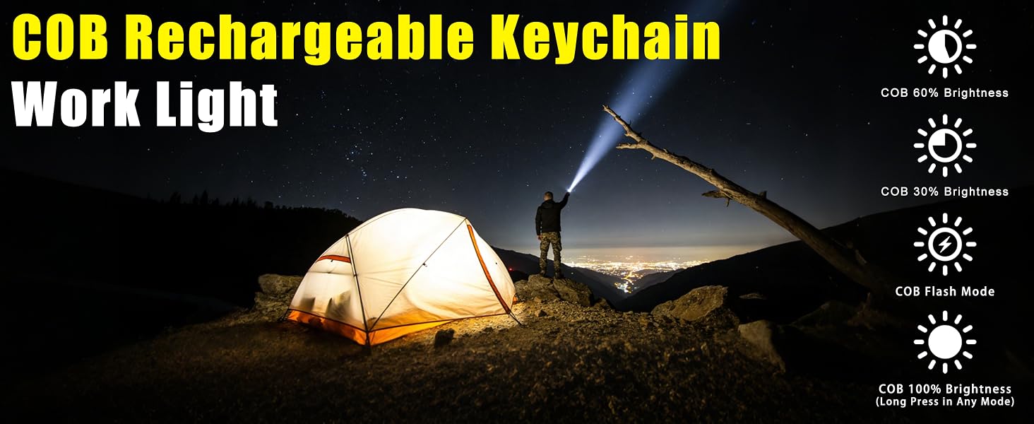 LED EDC Rechargeable COB work light with 4 modes: 100%, 60%, 30% brightness and flashing.