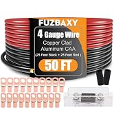 Fuzbaxy 4 Gauge Wire (25 Feet Black+25 Feet Red) Copper Clad Aluminum CCA - Primary Automotive Wi...