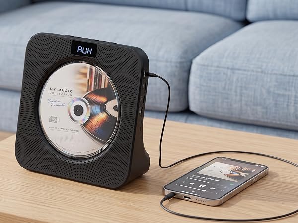MEGATEK CP28BR Portable Desktop CD Player with AUX Input is Connected with a Smart Phone