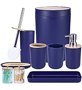 iMucci 9Pcs Navy Blue Bathroom Accessories Set - with Trash Can,Toilet Brush,Toothbrush Holder, L...