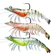 Collection of colorful artificial fishing lures designed as shrimp, featuring translucent bodies with orange, green, and white coloring and realistic swimming appendages.