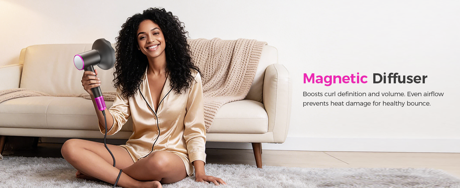 Magnetic diffuser: snaps on in seconds, enhances curls & waves – bouncy volume, natural definition.