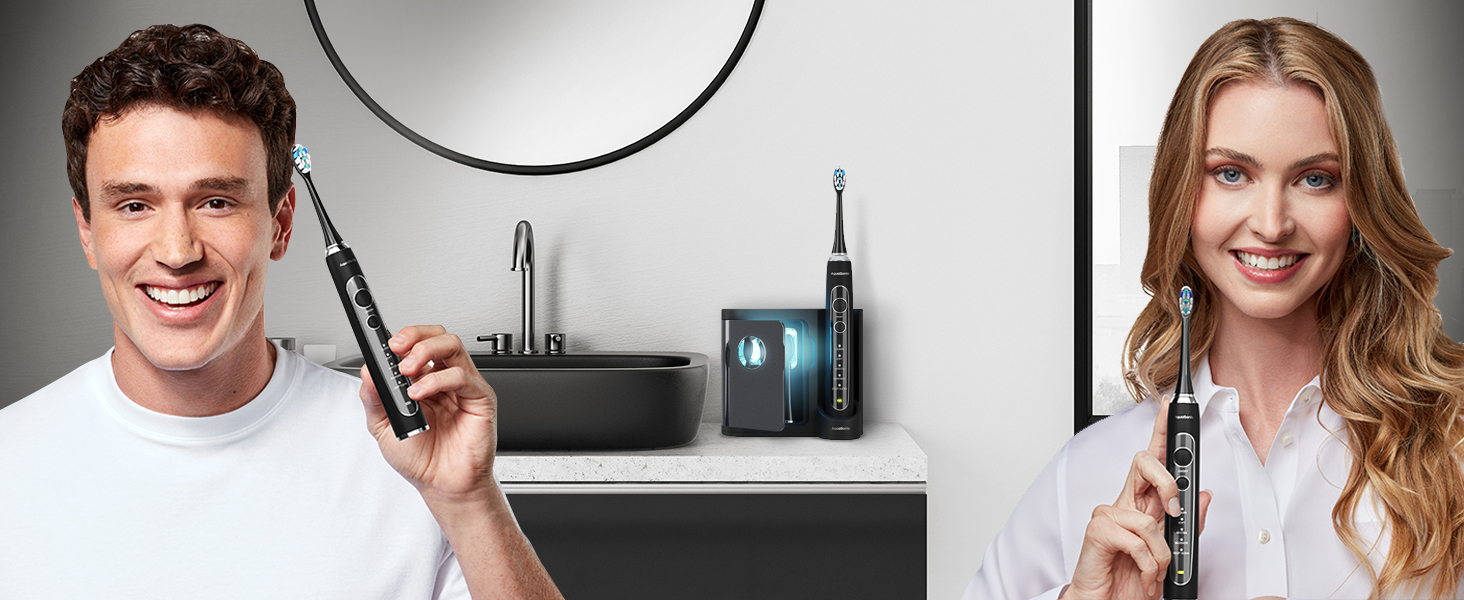 AquaSonic Black Series Electric Toothbrush with different cleaning modes, safe for sensitive teeth