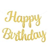 PatiCool Gold Happy Birthday Banner, Pre-Strung Glitter Gold Happy Birthday Sign, 10 Feet, NO DIY...