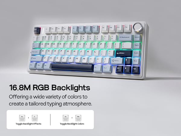 Compact RGB backlit keyboard with white keys and multicolor illumination. Text states "16.8M RGB Backlights" and "Offering a wide variety of colors to create a tailored typing atmosphere."