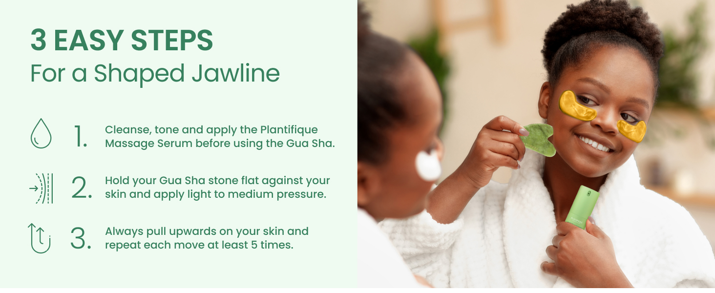 Woman using Plantifique gua sha on face for jawline shaping