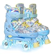 Nattork Kids Roller Skates for Girls Kids, 4 Sizes Adjustable Fluorescent Quad Skates with Light ...