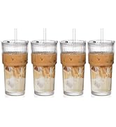 AUFXKOO 20oz Glass Tumblers with Lids and Straws,4PCS Glass Cups with Lids and Straws,Iced Coffee...