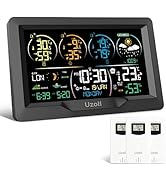 Digital weather station display with multiple panels showing temperature, humidity, and weather icons. Features colored LCD display with various environmental measurements.