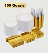 600 Pieces Gold Disposable Plates for 100 Guests, Plastic Plates for Party, Wedding, Dinnerware S...