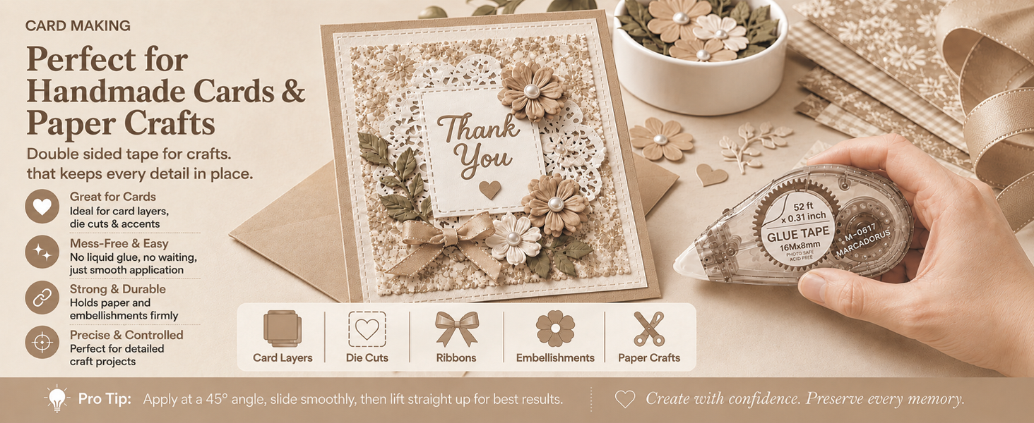 Craft tape securing cardstock, ribbons, die cuts and flat accents on a handmade greeting card