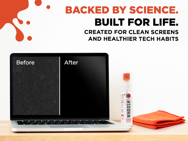 Before and After image showing a dirty vs. clean laptop screen with WHOOSH! cleaner and cloth.