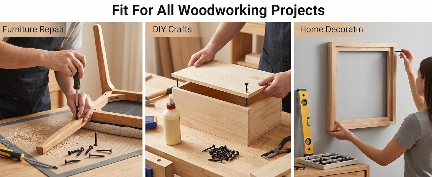 Wood screws for furniture repair, DIY crafts and home decoration projects.