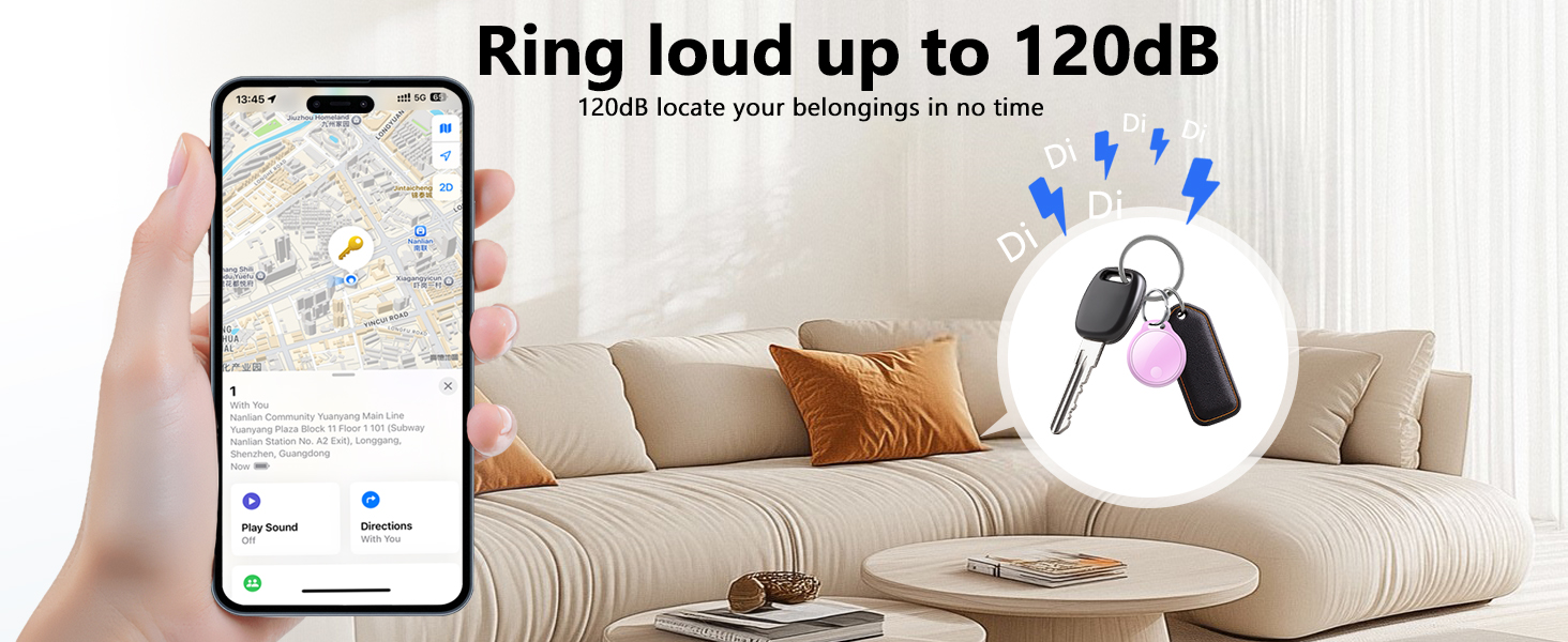 Text reads 'Ring loud up to 120dB'. Living room scene with mobile phone displaying app interface, showing smart home security features.