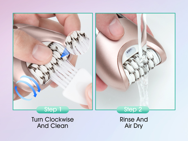 Text reads 'Step 1: Turn Clockwise And Clean' and 'Step 2: Rinse And Air Dry'. Instructional images showing cleaning process for grooming device.