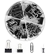 Creechwa Black Binder Clips and Paper Clips Push Pins Tacks Sets, Total 72 PCS Assorted Sizes Off...