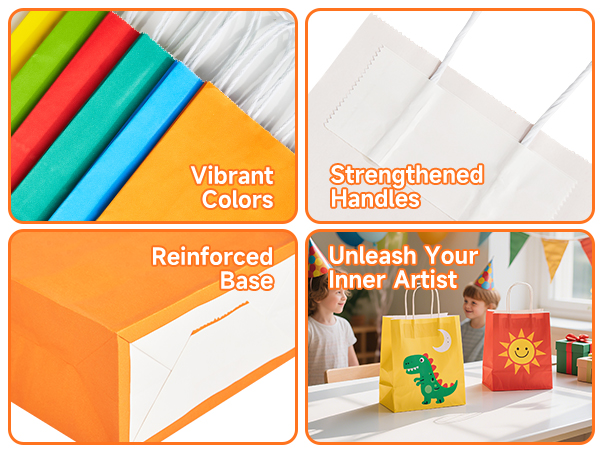 vibrant colors, reinforced base, strengthened handles, plain kraft paper for DIY