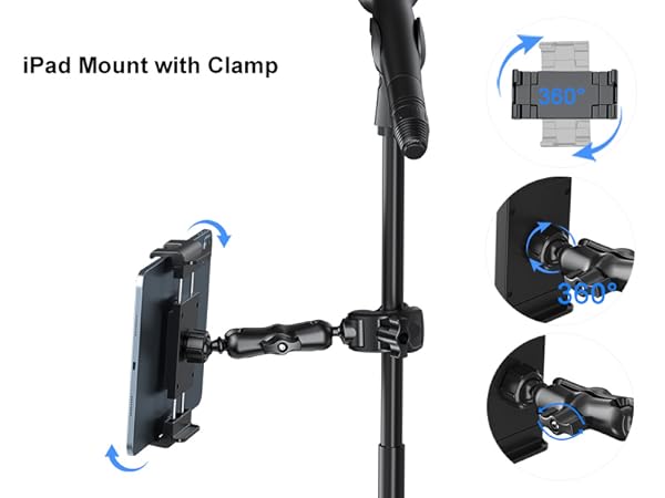 PLDHPRO Tablet Holder for Mic Stand, 360° Swivel iPad Music Stand Mount for Microphone with Clamp
