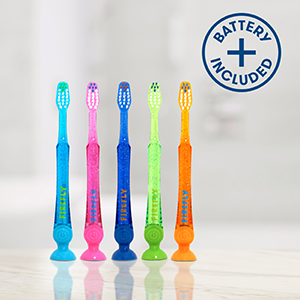 Assortment of colorful light up timer toothbrushes, battery included badge