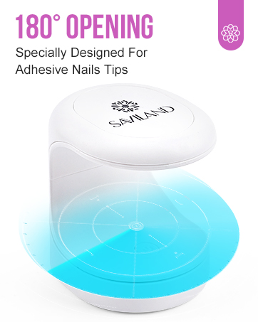 White circular container with 180° opening, specially designed for adhesive nail tips. Features a blue base and pink text indicating its purpose.