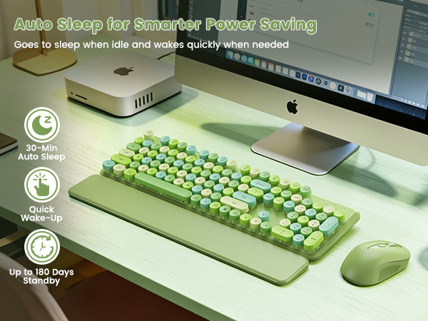 Green retro keyboard and mouse with auto sleep for smarter power saving.