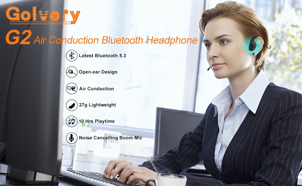 Golvery G2 air conduction Bluetooth headphone with features including Bluetooth 5.3, open-ear design, lightweight build, and noise-canceling functionality shown in turquoise color.