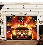 YUSPENYE Halloween Garage Door Decorations with Skull & Fire Vehicle Design, Durable Halloween Ga...