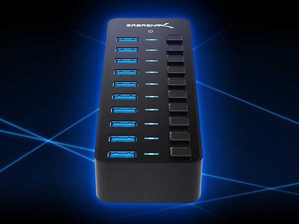 SABRENT USB Hub showcasing 5Gbps data transfer and 60W smart charging functionality.
