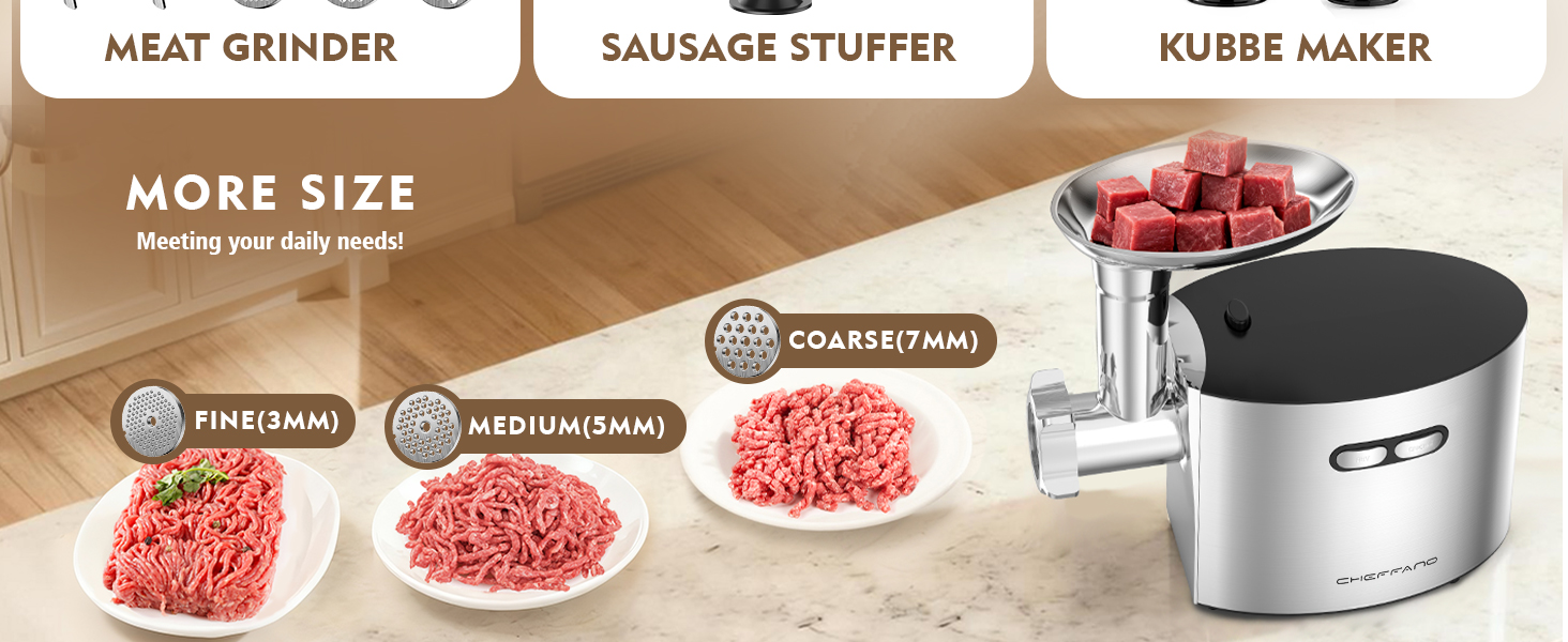 CHEFFANO MEAT GRINDER with 3 size stainless steel cutting plates
