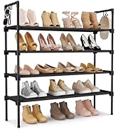 LANTEFUL 4 Tier Shoe Rack for Closet Shoe Organizer with 5 Hooks, Long Shoe Shelf Storage for Sho...