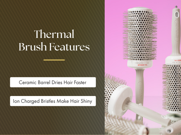 Image of three ion brushes with text reading ceramic barrel dries hair faster.