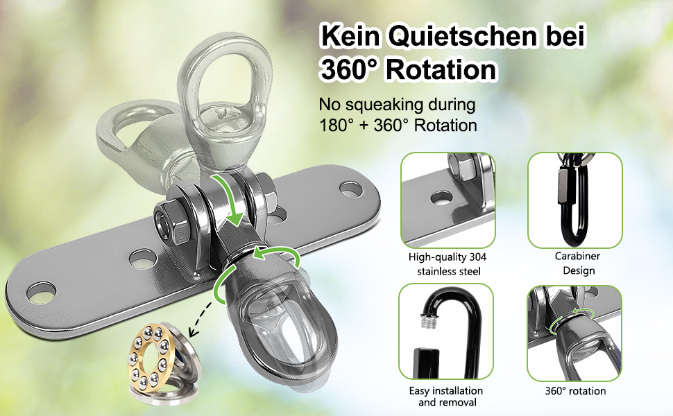 Text reads 'Kein Quietschen bei 360° Rotation' and '180° + 360° Rotation'. Product display showing gray mounting bracket with multiple rotation angles and component parts.