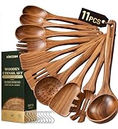Kikcoin 11-Piece Natural Teak Wooden Utensil Set with 10 Hooks, Non-Scratch Wooden Spoons for Coo...